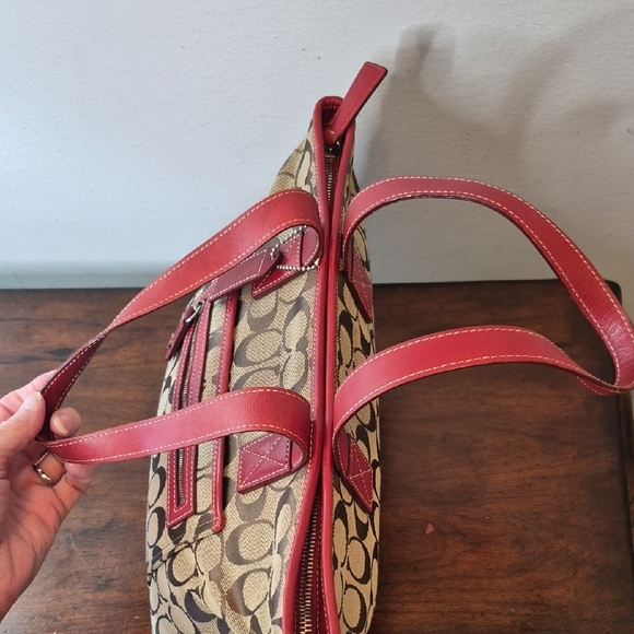 Coach Tan Signature Canvas Tote with Red Leather Trim Vintage K1J-6082 - Picture 13 of 15